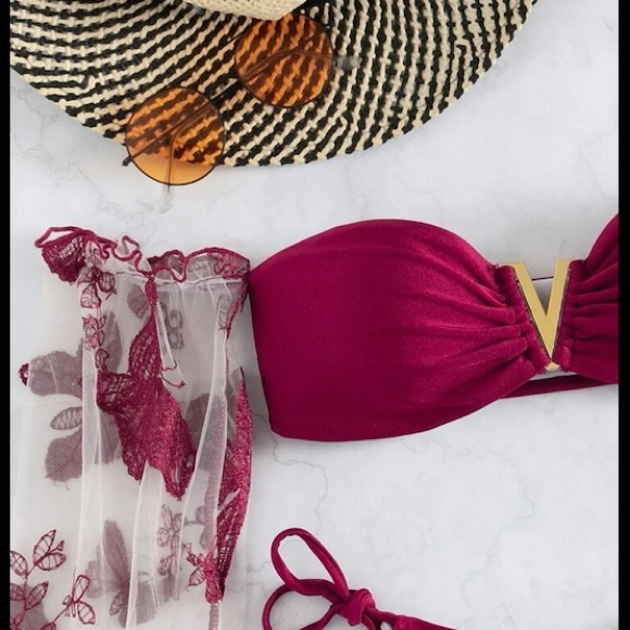 V Wired Embroidery Mesh Sleeves Bikini Swimsuit💖 - Picture 4 of 8